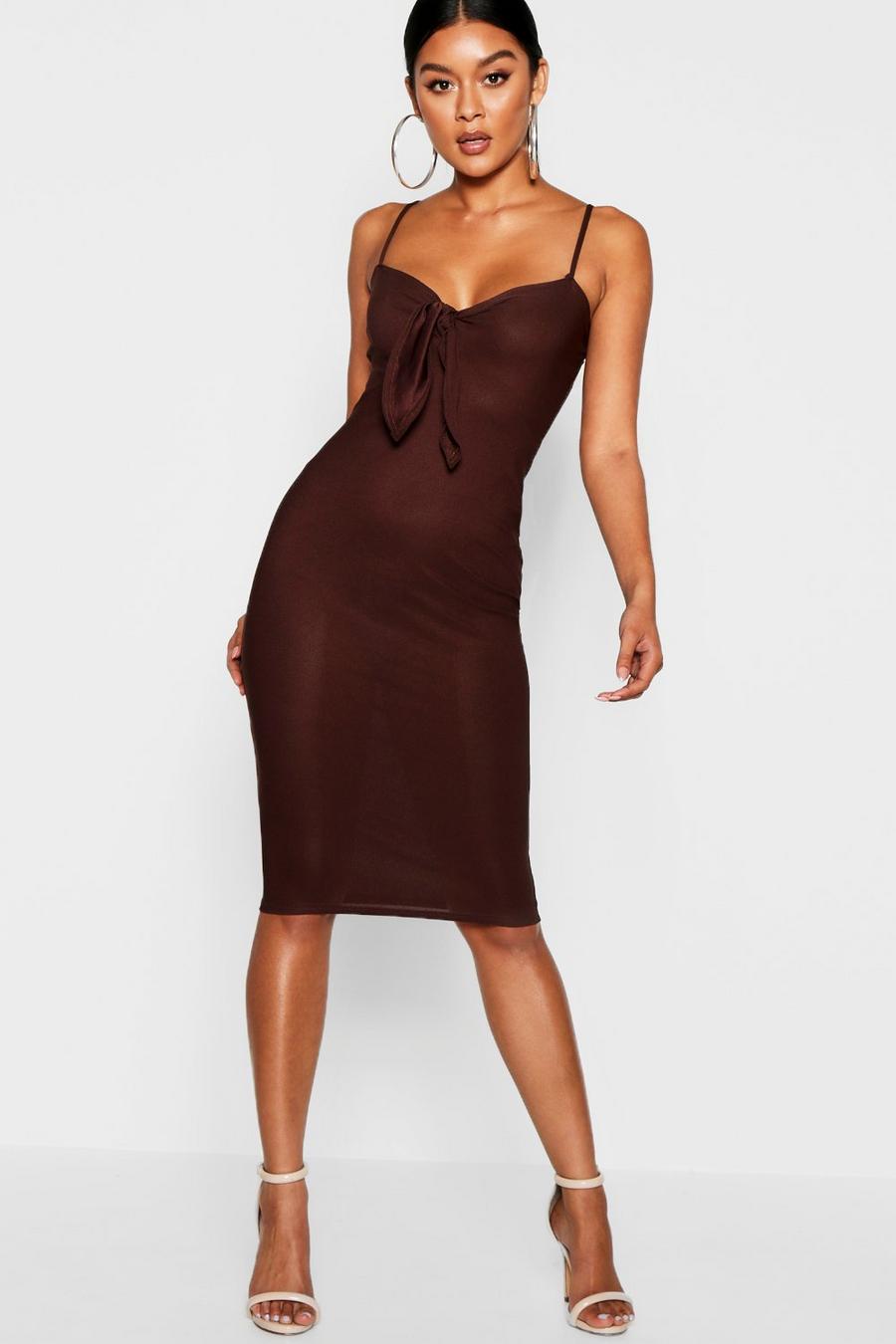 Chocolate Skinny Strap Tie Front Midi Dress image number 1