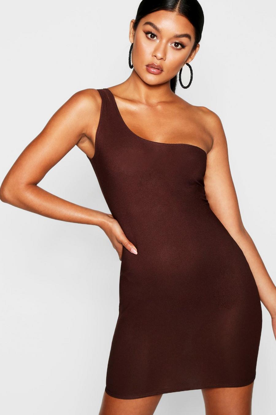 Chocolate Thick One Shoulder Strap Bodycon Dress image number 1