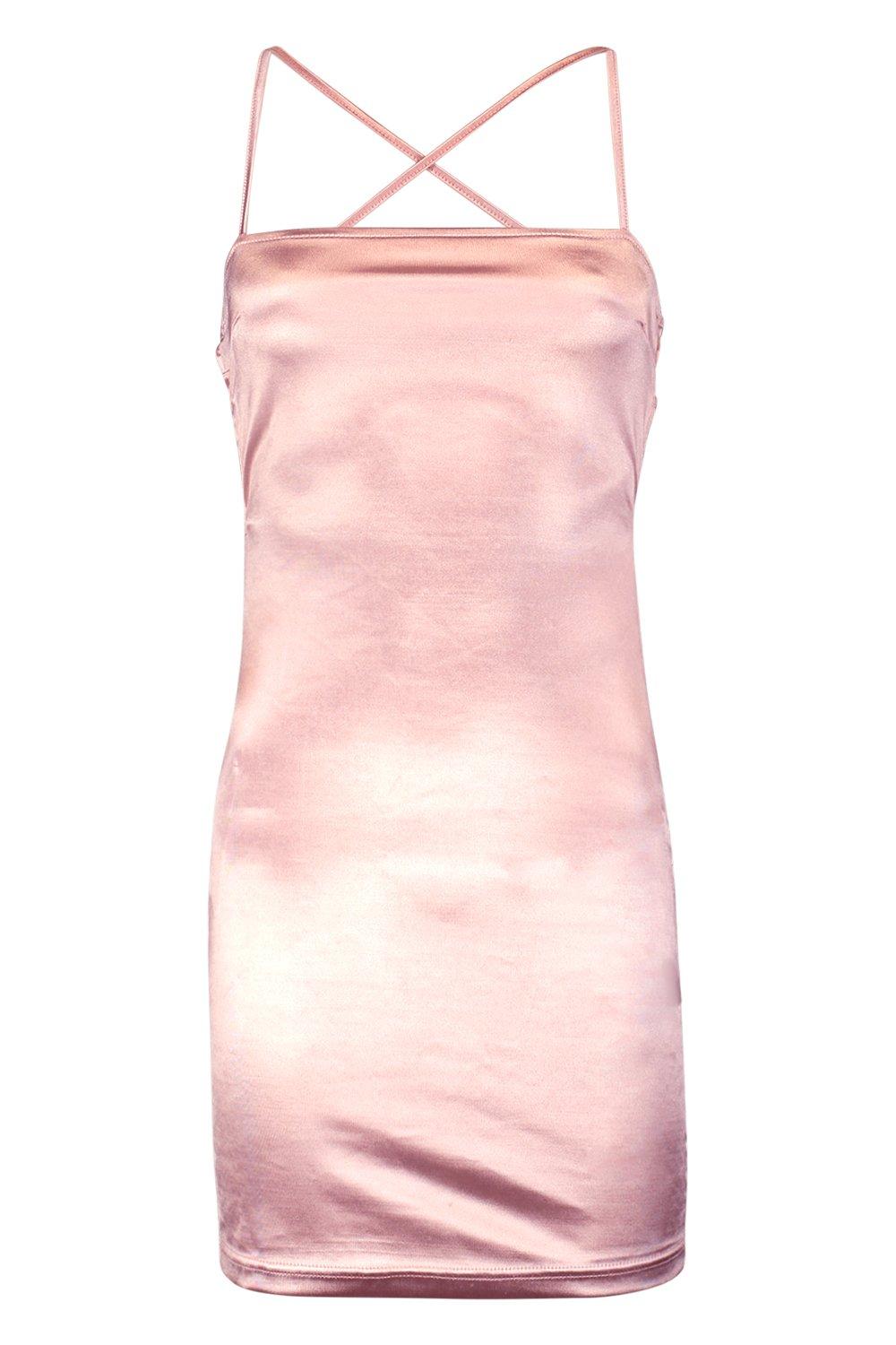 Satin Square Neck Strappy Back Bodycon Dress boohoo