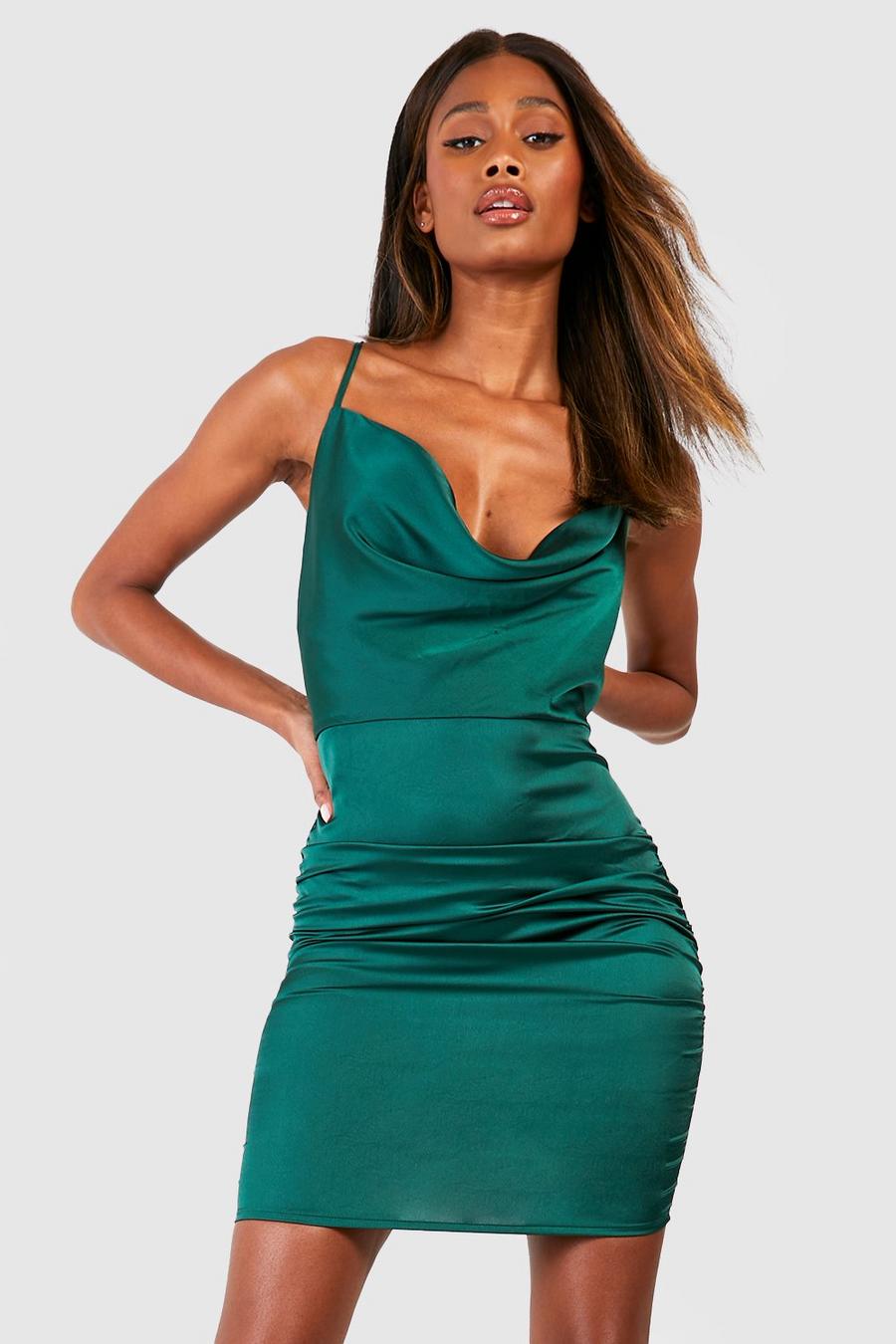 Green Florence Satin Cowl Neck Bodycon Dress image number 1