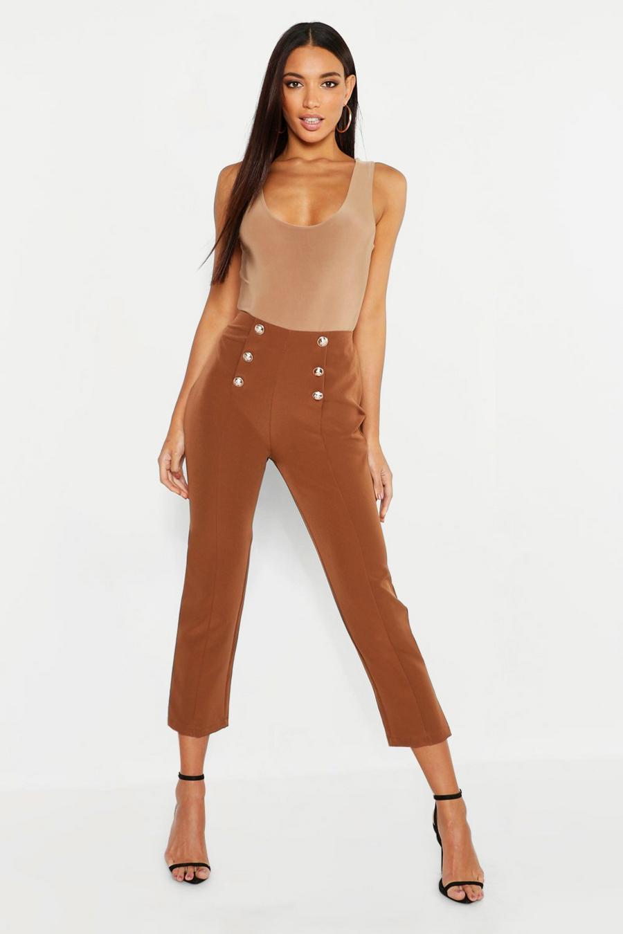 Chocolate Military Button Detail Tapered Pants image number 1