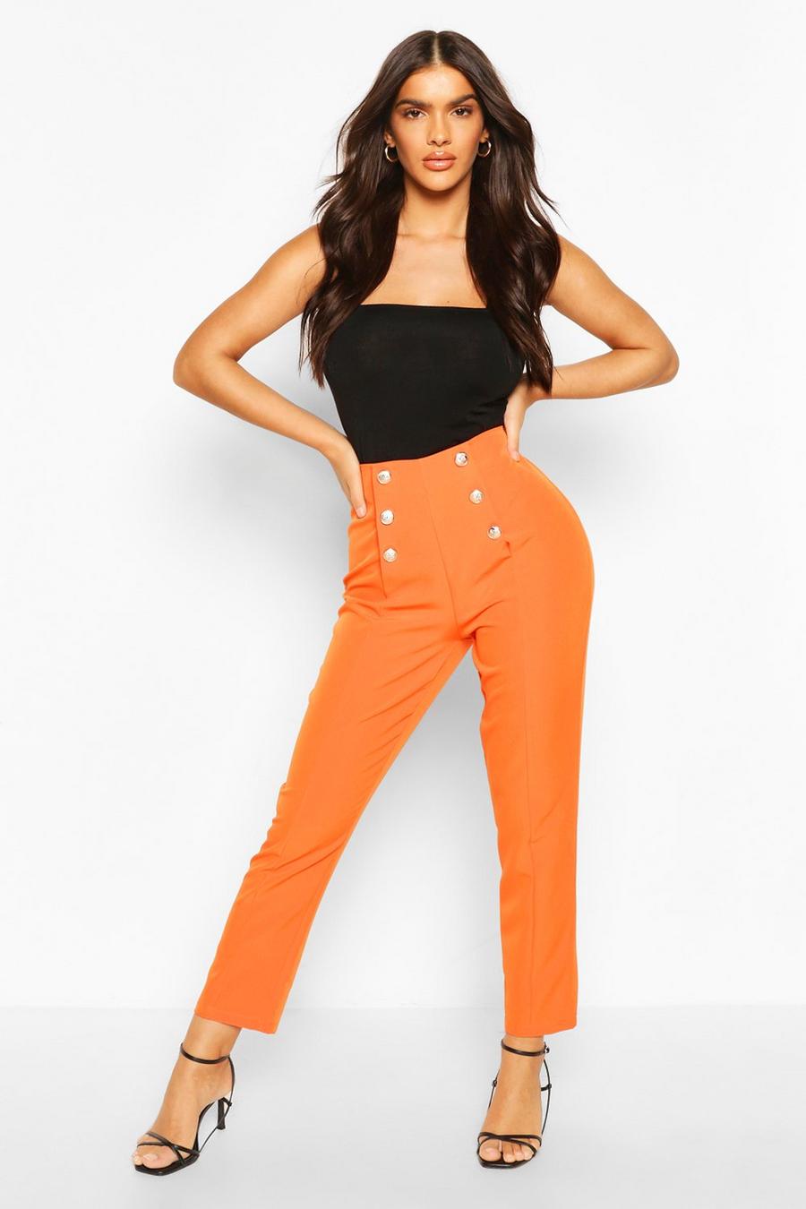 Orange Military Button Detail Tapered Pants image number 1