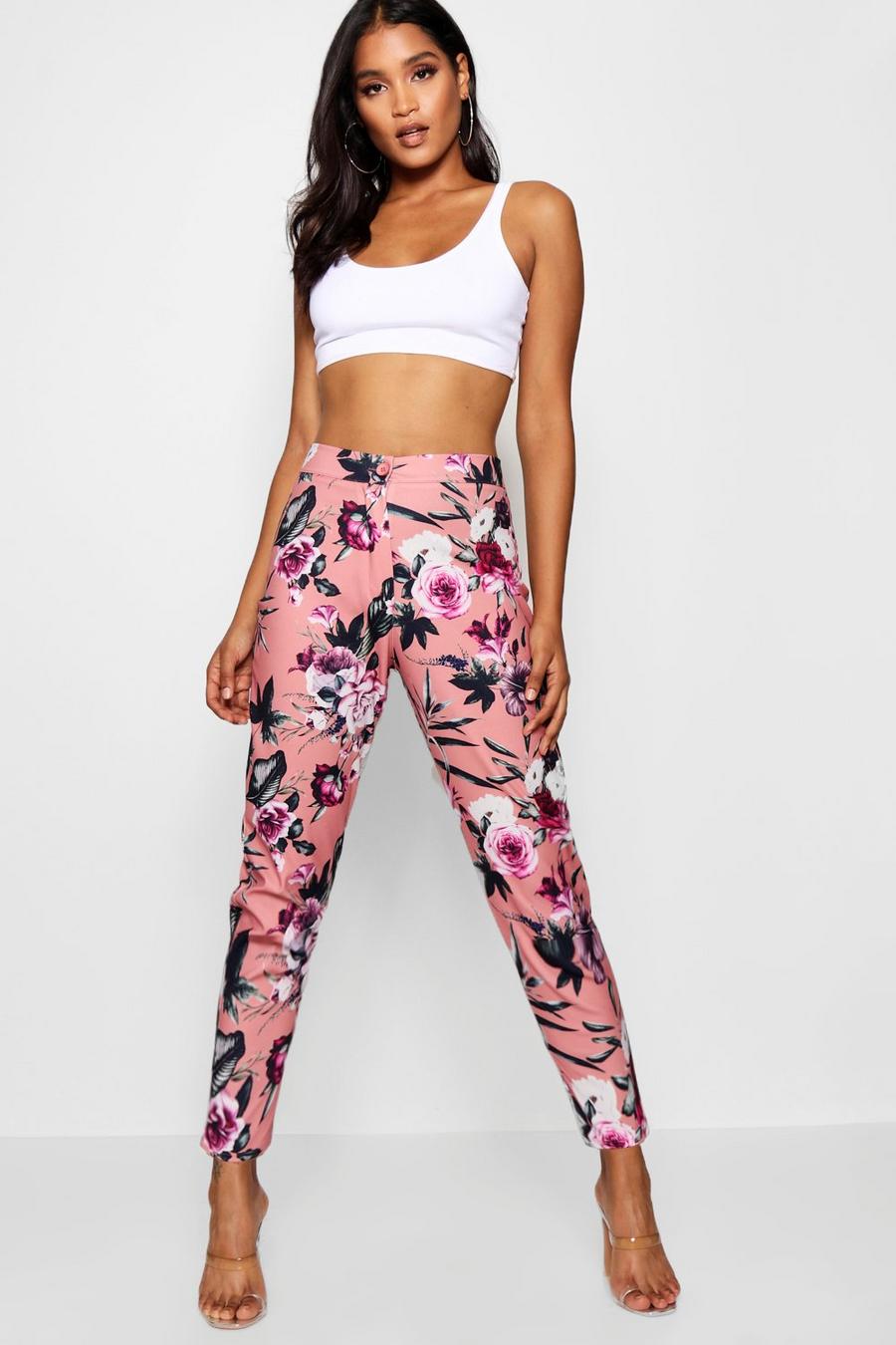 Pantalones pitillo con estampado de flores rosas image number 1