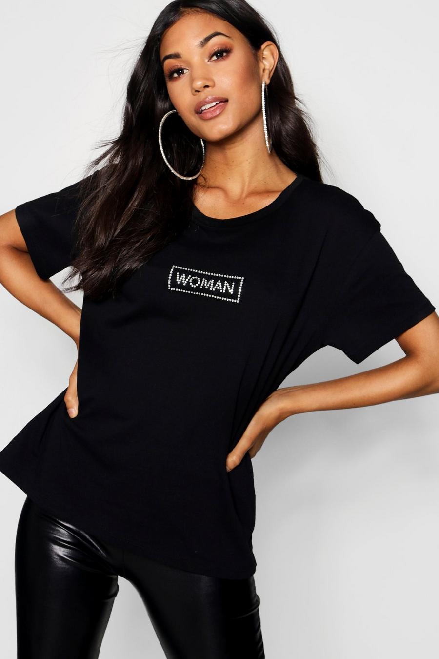 T-shirt à slogan Woman et strass, Noir image number 1