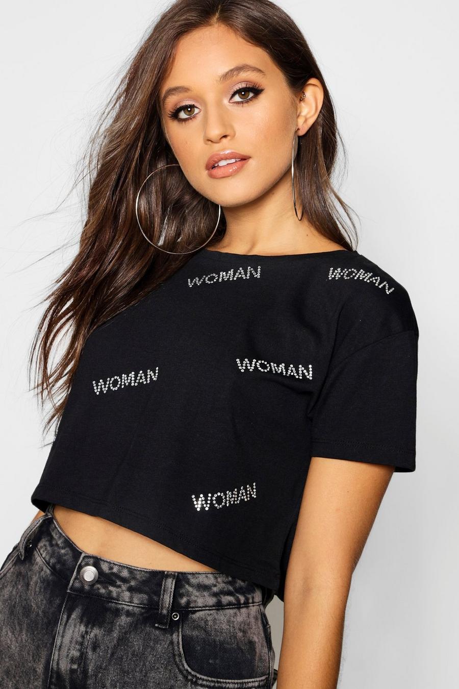Kurzes T-Shirt mit „Woman“-Schriftzug aus Strasssteinen image number 1