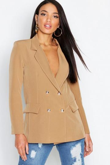 Camel Beige Double Breasted Boxy Military Blazer