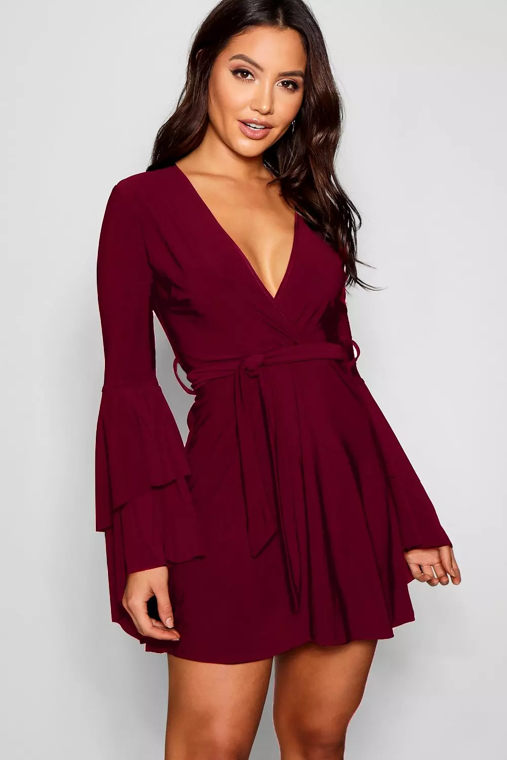 Rent Boohoo Blush High Neck Flared Sleeve Lace Skater Dress