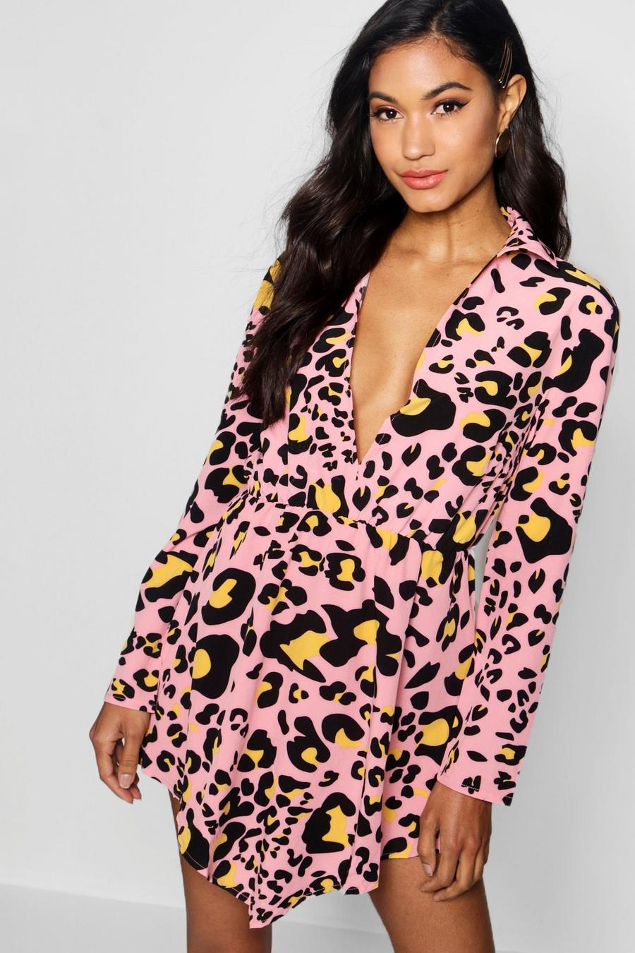 Pink Leopardmönstrad skjortklänning med spetsig kant image number 1