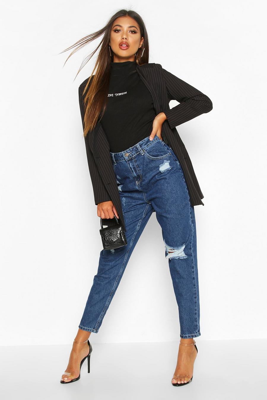Dark blue High Waisted Distressed Mom Jeans image number 1