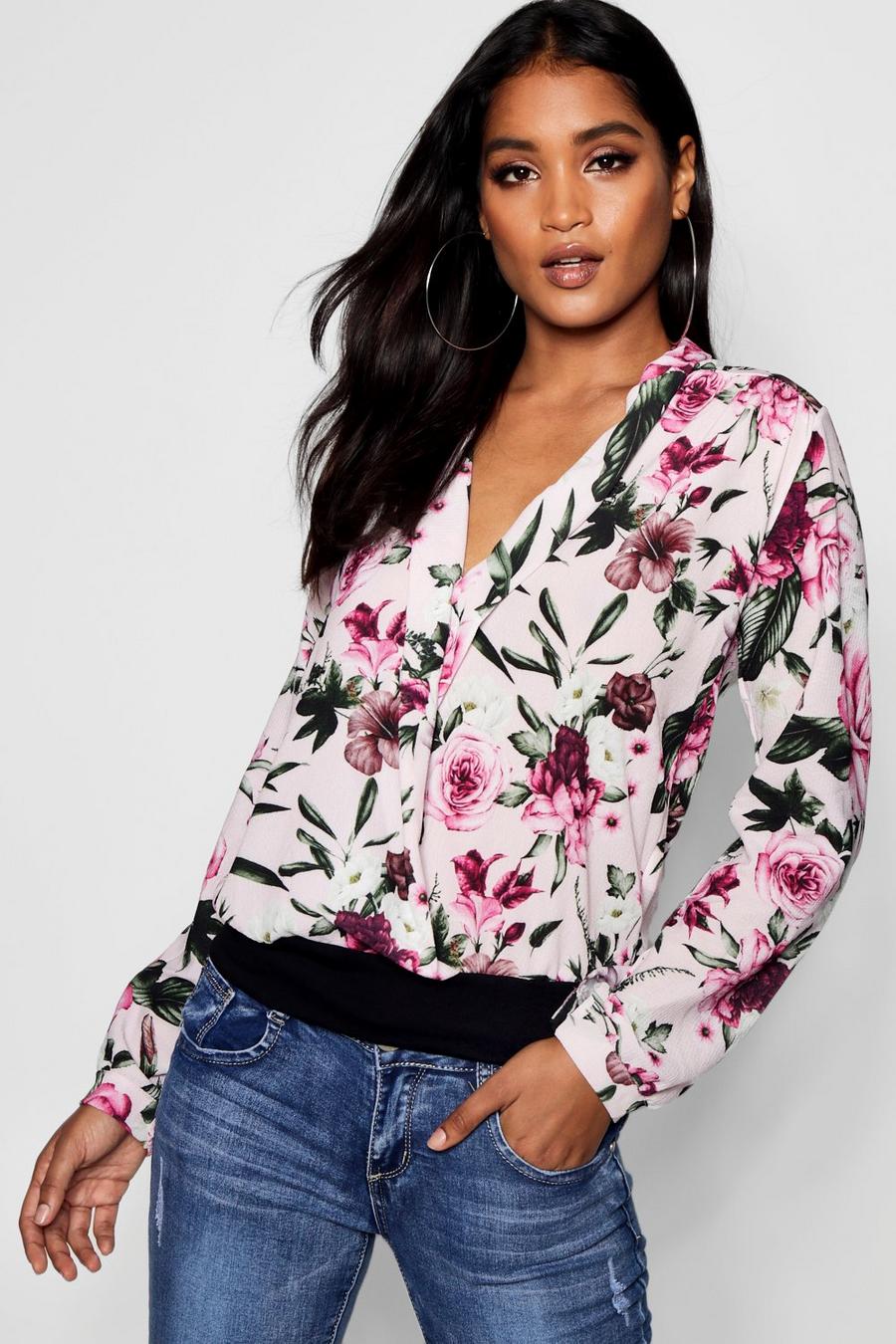 Wrap Chiffon Pink Based Floral Blouse image number 1