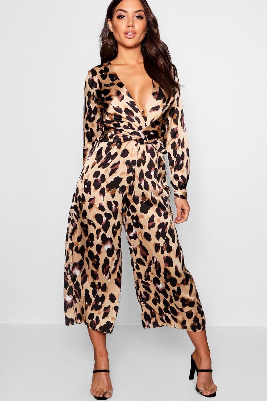 Women's Plunge Twist Leopard Print Satin Jumpsuit | Boohoo UK