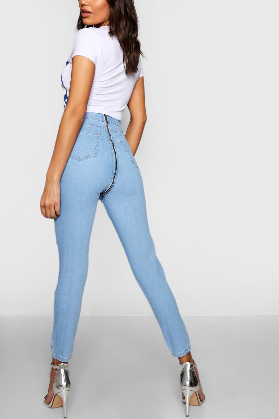 Blue Zip Back Skinny Jeans image number 1