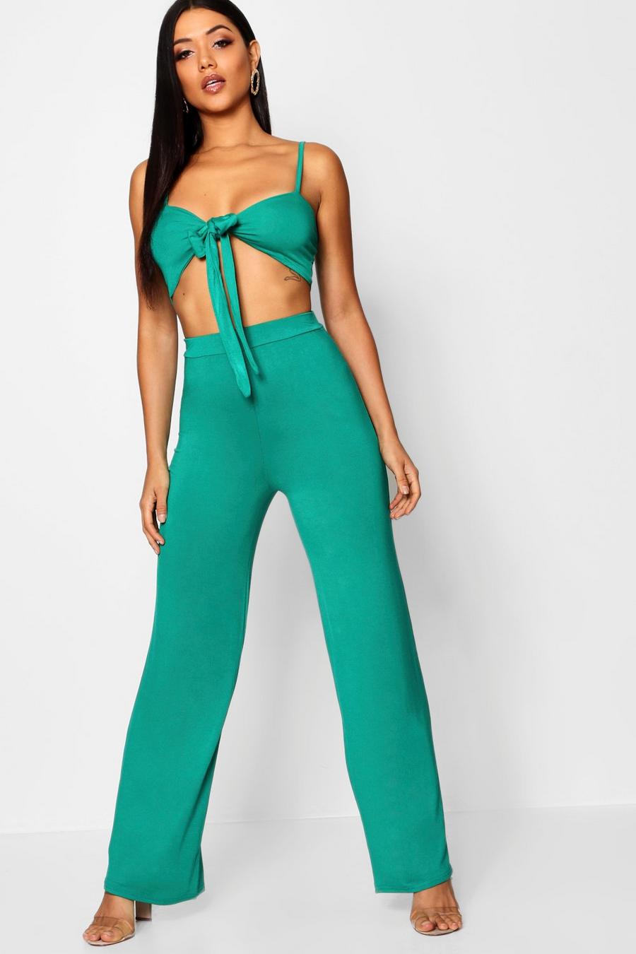 Green Tie Front Top & Wide Leg Pants Co-Ord image number 1