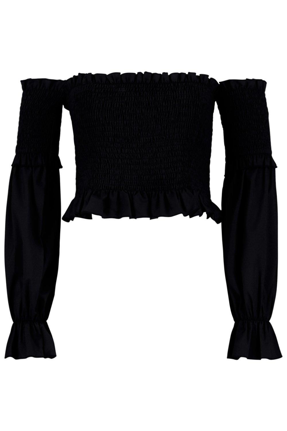 Black Shirred Ruffle Hem Bardot Top