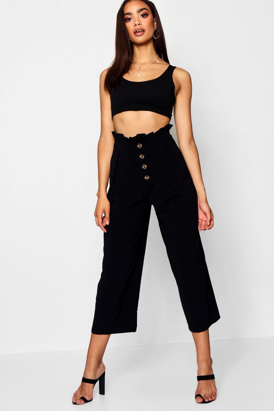 Black Woven Button Front Culotte Trousers image number 1