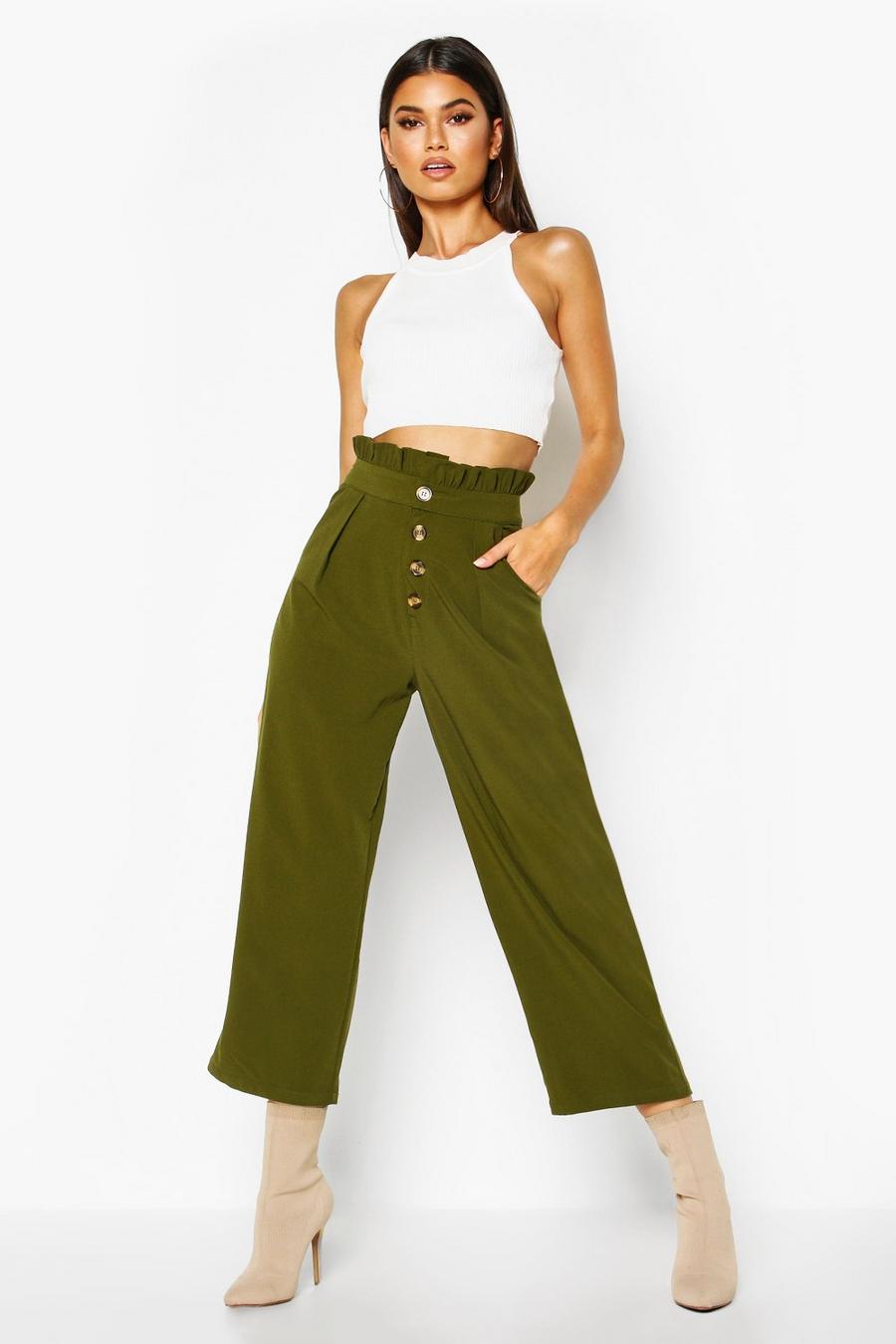 Khaki Woven Button Front Culotte Trousers image number 1
