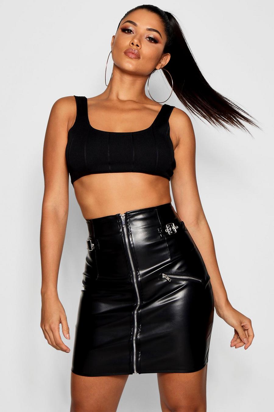 Black Faux Leather High Waist Buckle Mini Skirt image number 1
