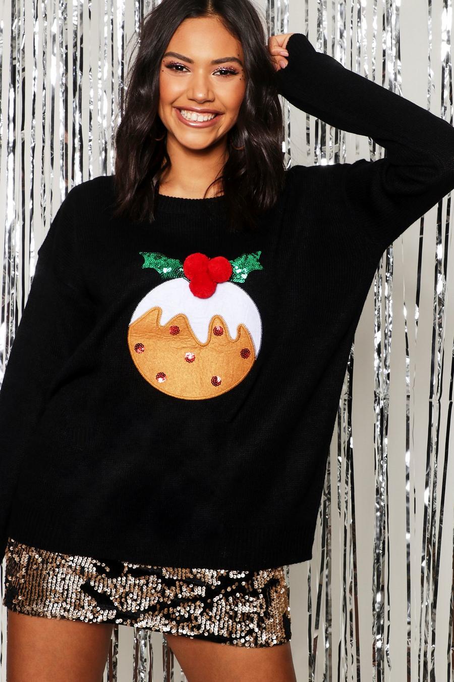 Black Applique Pom Pom Christmas Pudding Sweater image number 1