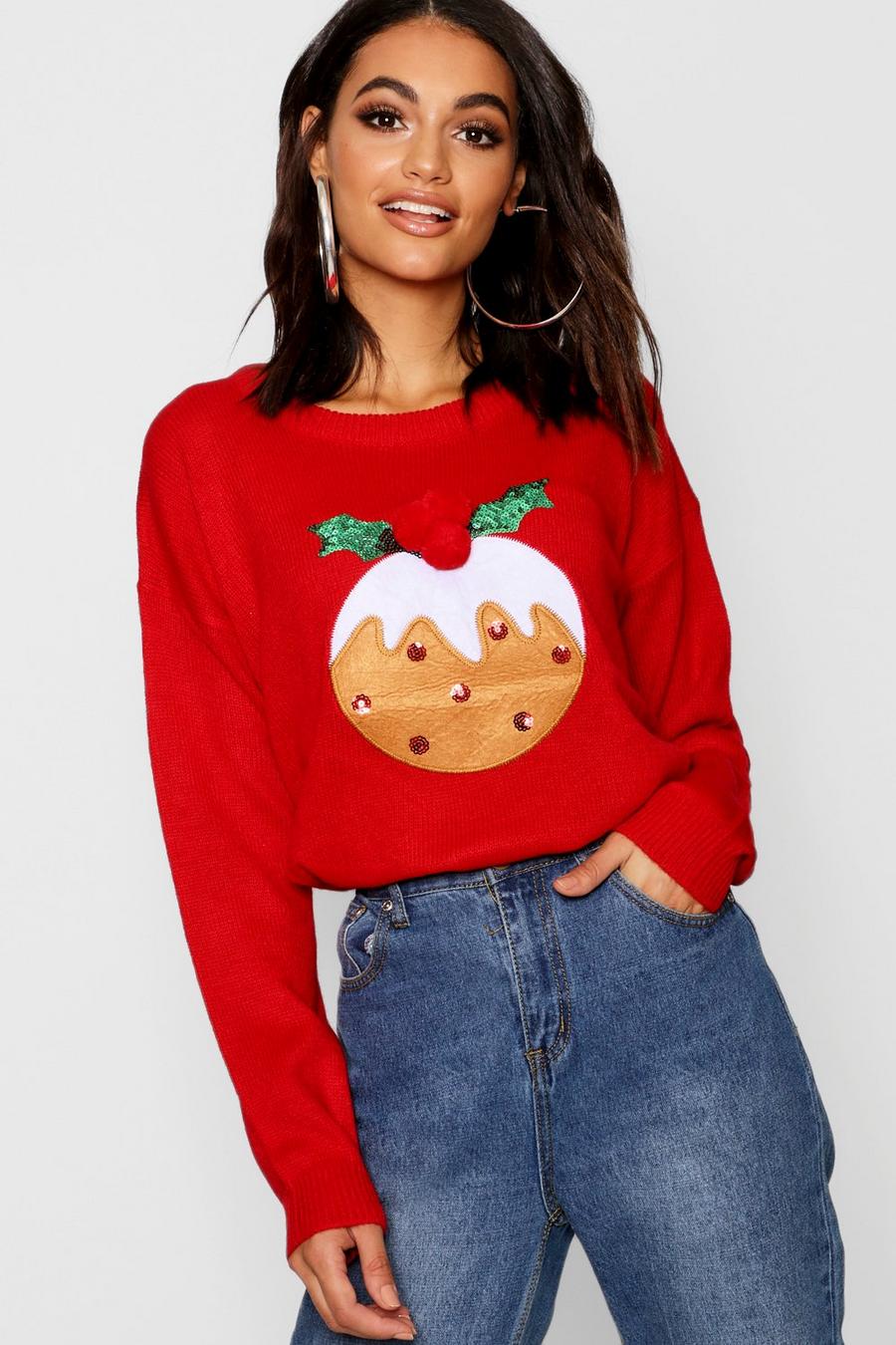 Pullover mit Christmas Pudding Applikation und Pom-Pom, Scharlachrot image number 1