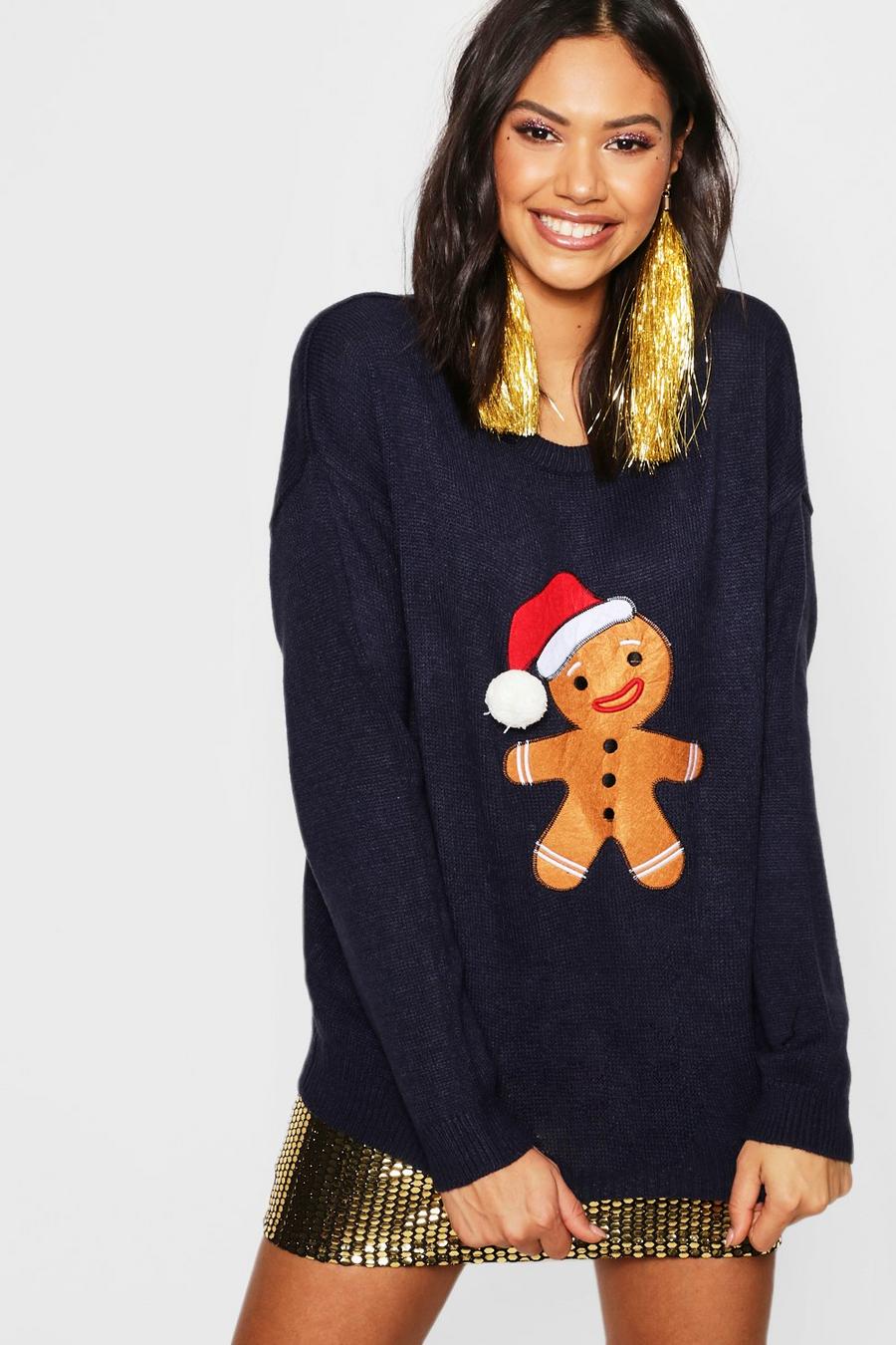 Navy Gingerbread Man Pom Pom Christmas Sweater image number 1