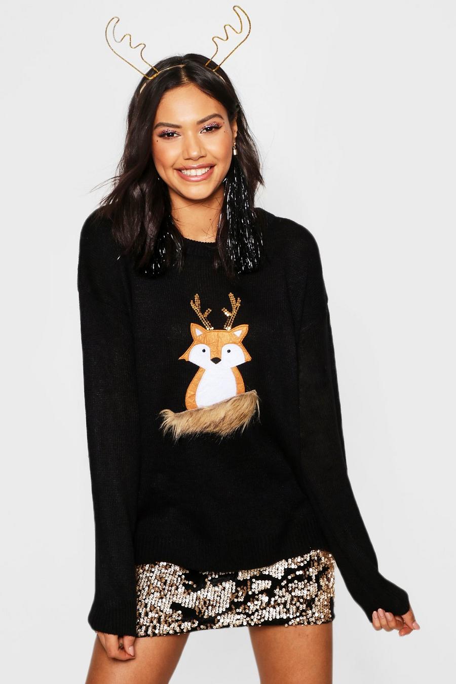 Black Fox Applique Jumper With Faux Fur And Sequin image number 1