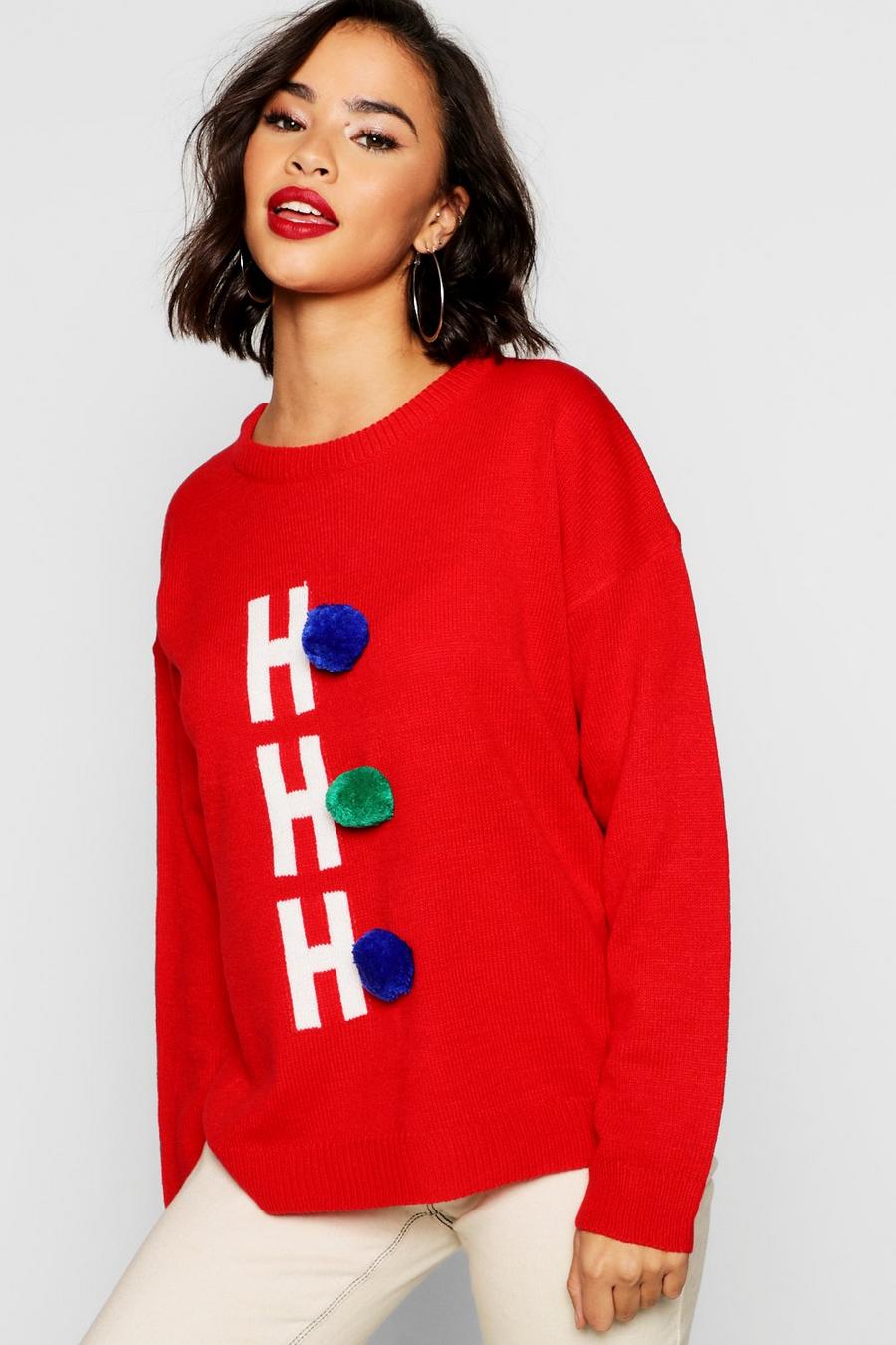 Pullover con HoHoHo Natale con pom pom, Rosso fuoco image number 1