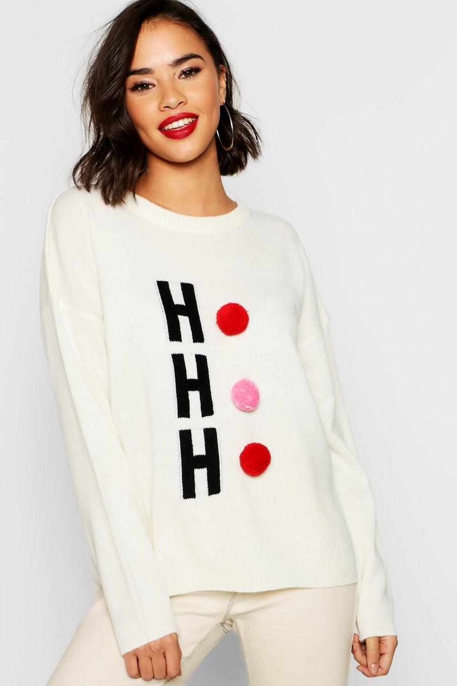 White Hohoho Christmas Sweater With Pom Pom image number 1