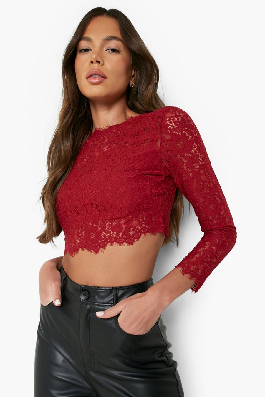 Berry red Premium Lace Crop Top image number 1