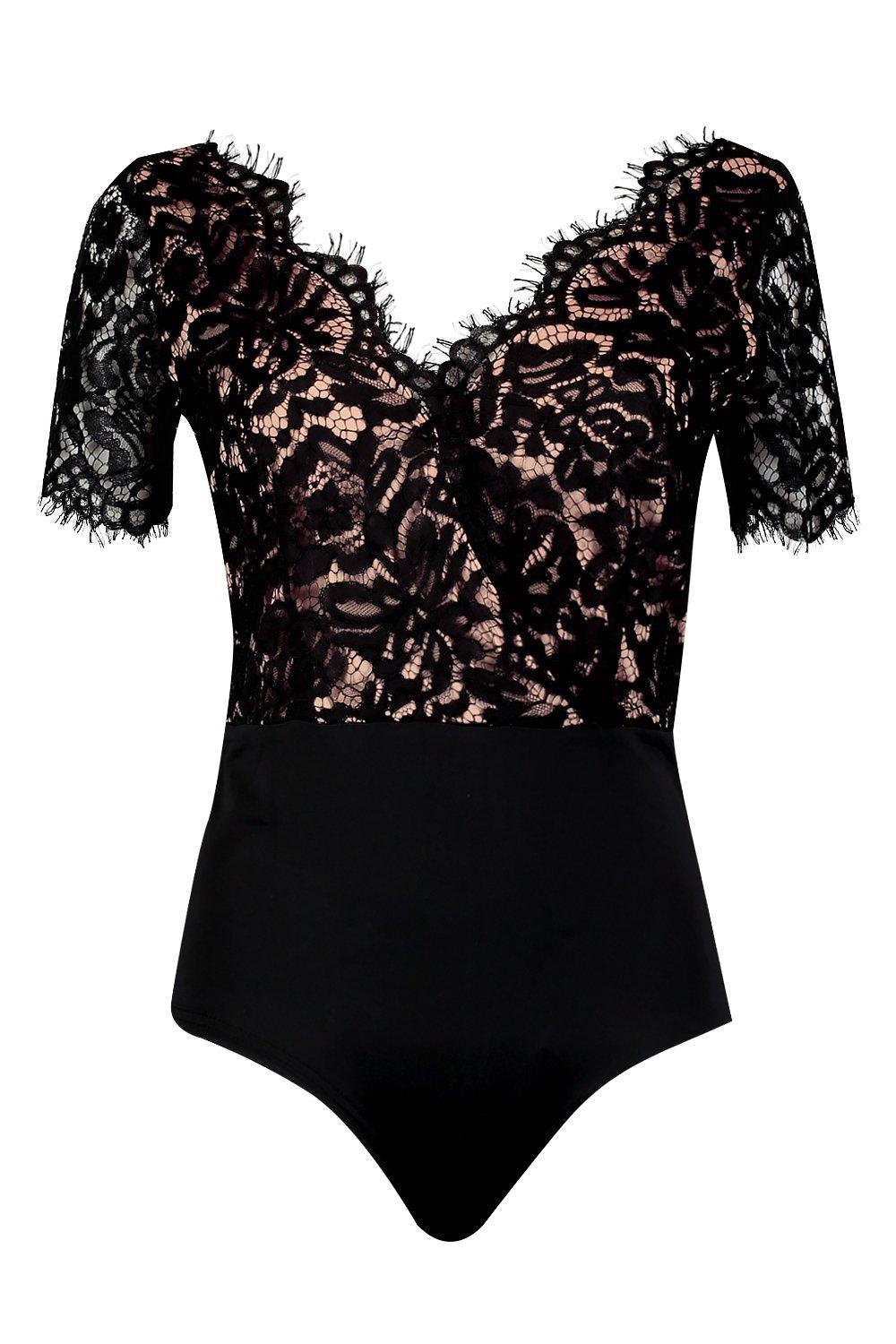 Buy Boohoo Eyelash Lace Bodysuit Top In Black