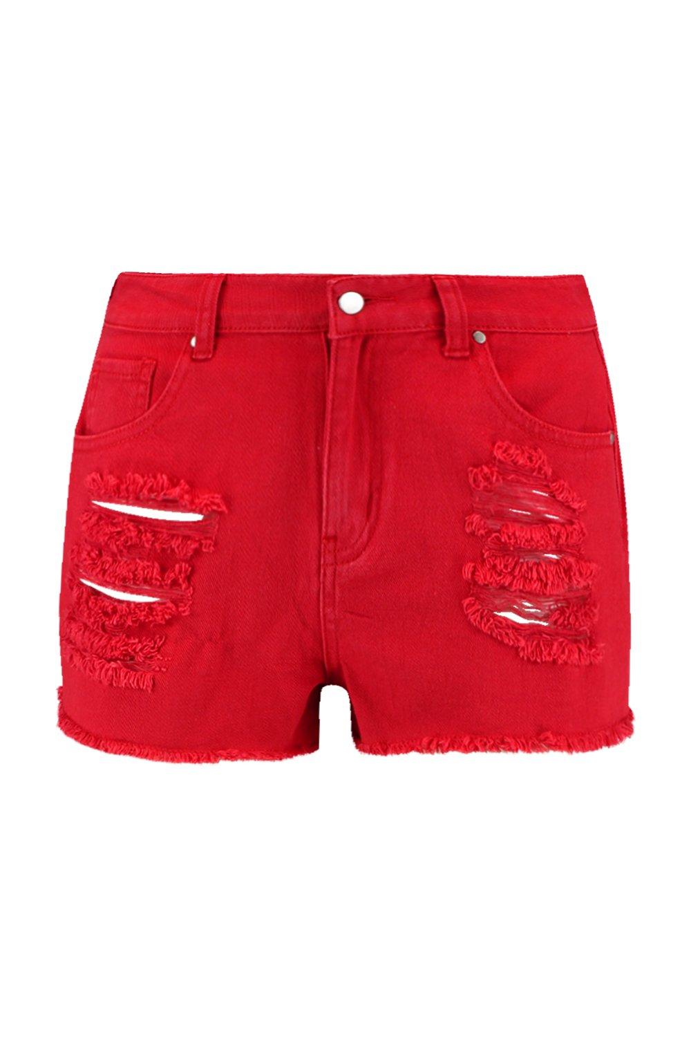 Martha Ripped Red Denim Shorts | Boohoo UK