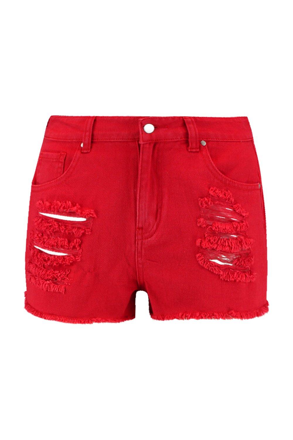 red distressed denim shorts