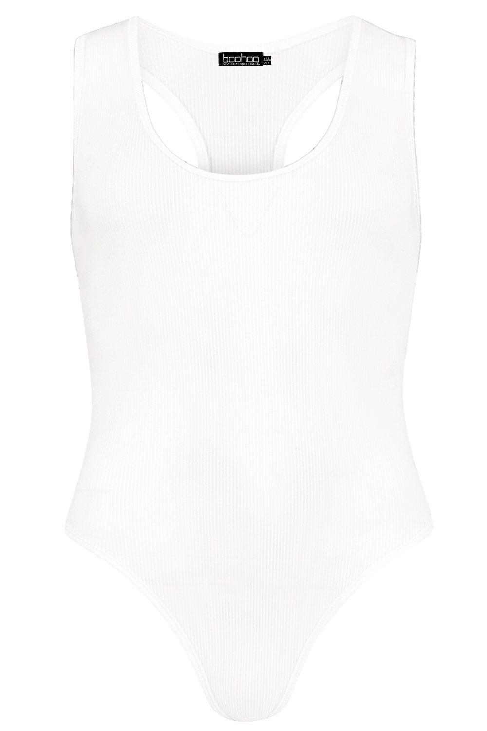 Women's White Basic Plunge Rib Sleeveless Bodysuit