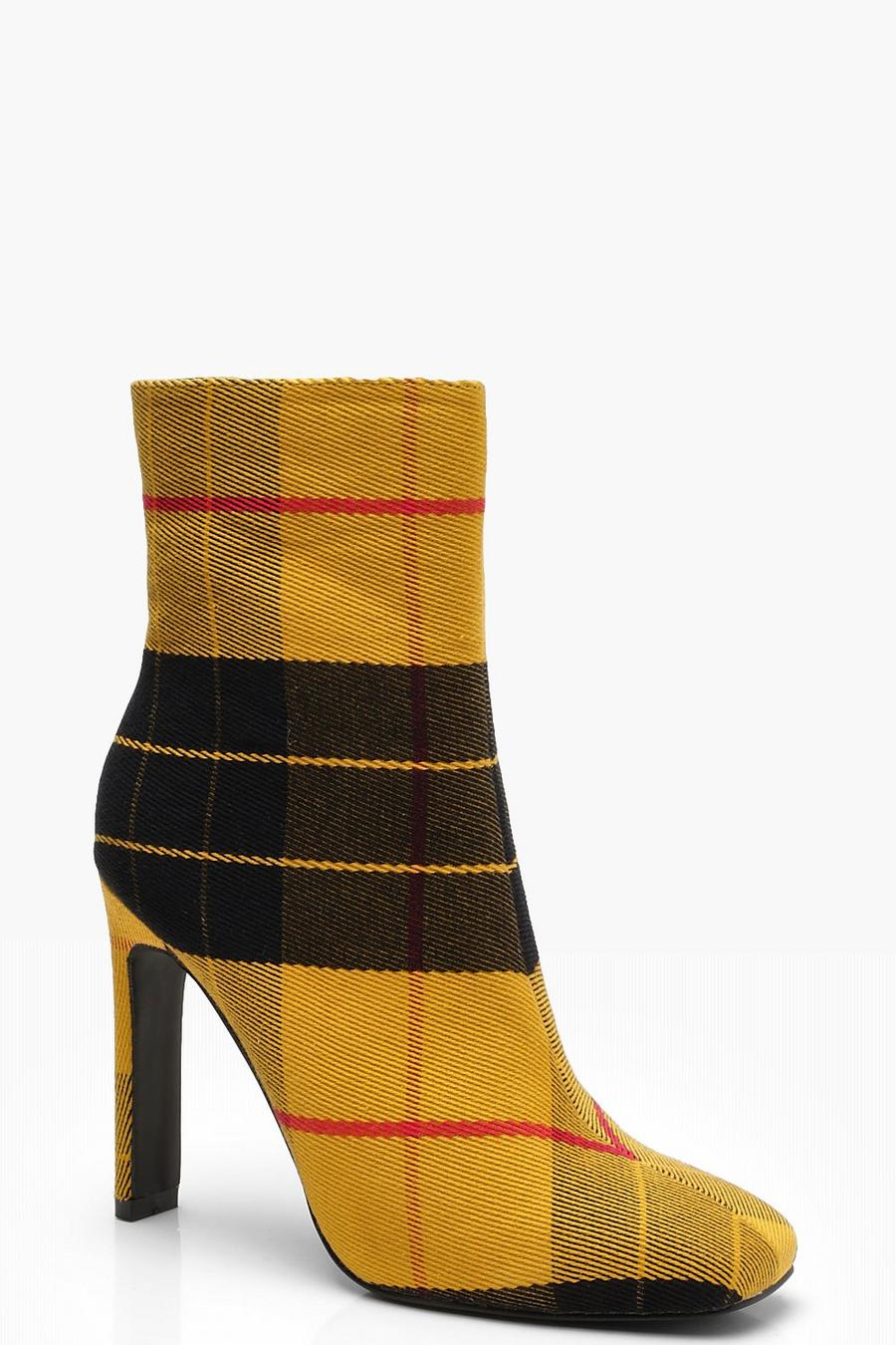 Yellow Flat Heel Tartan Square Toe Shoe Boots image number 1