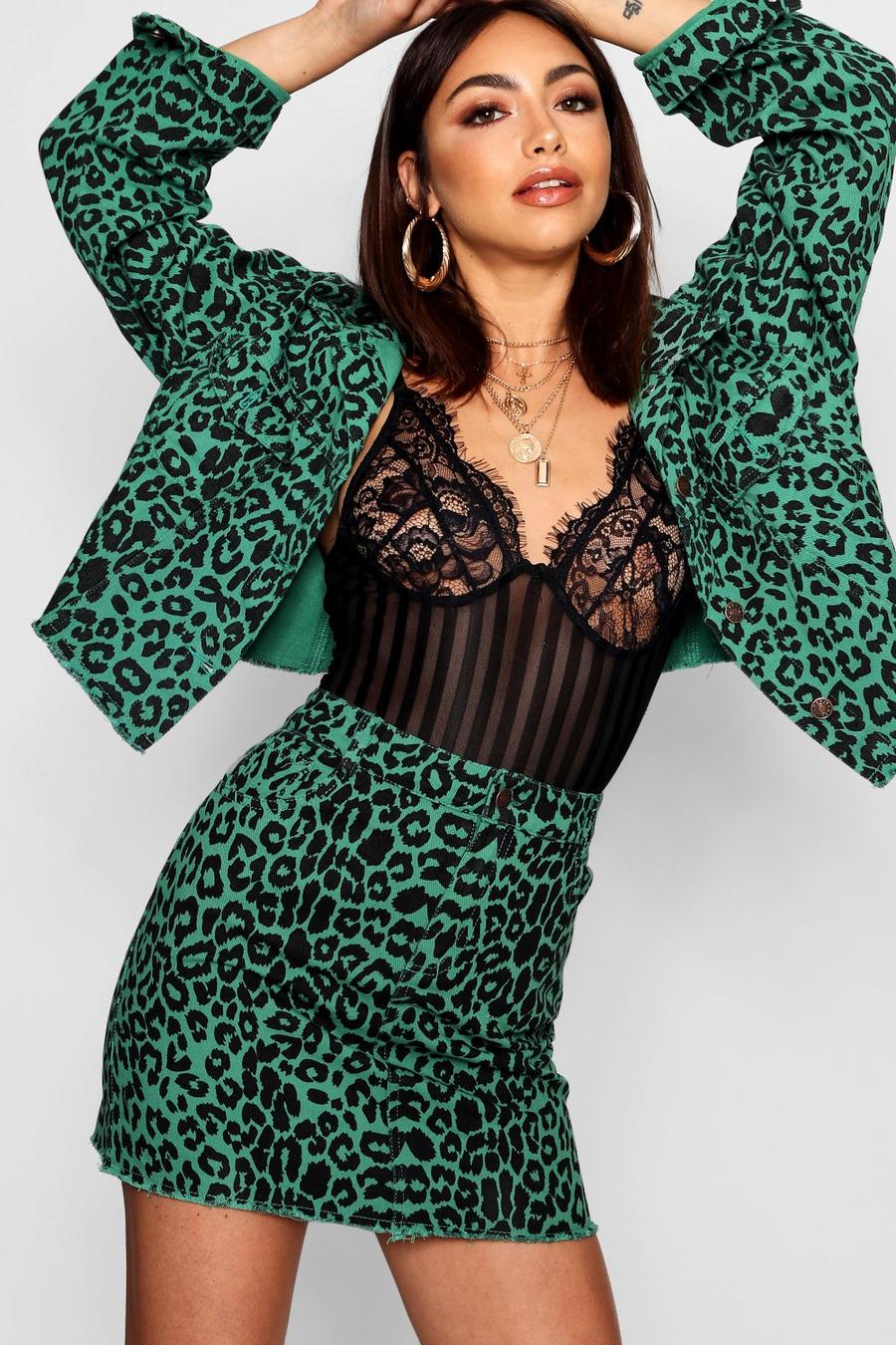 Leopard Print Denim Skirt, Green image number 1