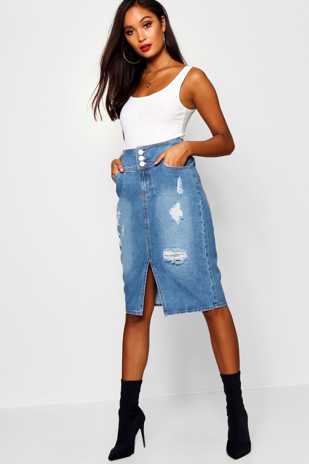 high waisted denim pencil skirt