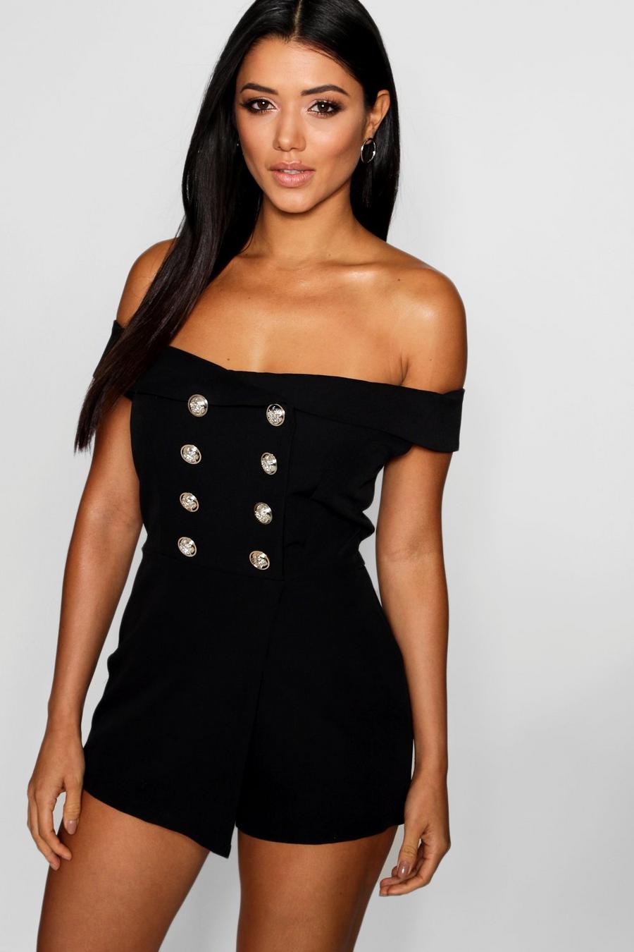 Off The Shoulder Style Tuxedo Button Romper image number 1