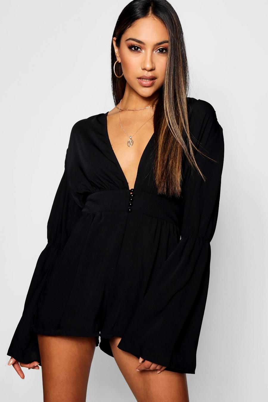 Plunge Button Front Flare Sleeve Playsuit image number 1