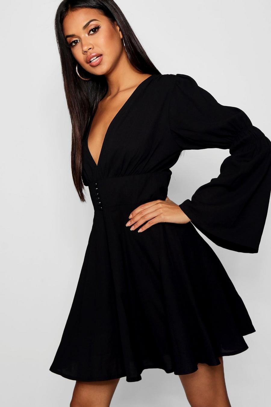 שחור שמלת סקייטר עם שרוולי בלוזון מתרחבים Aliza image number 1