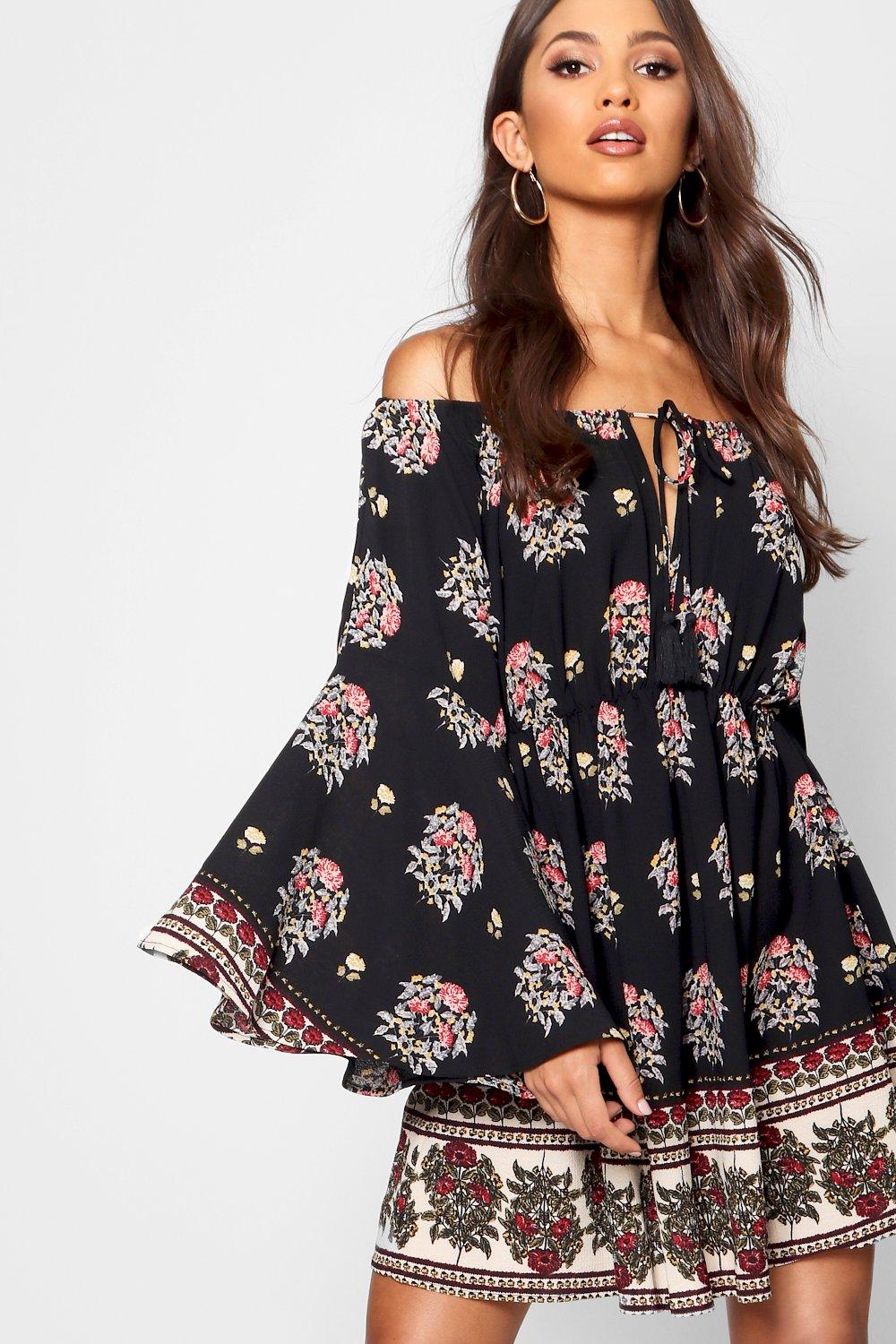 off the shoulder skater dress boohoo