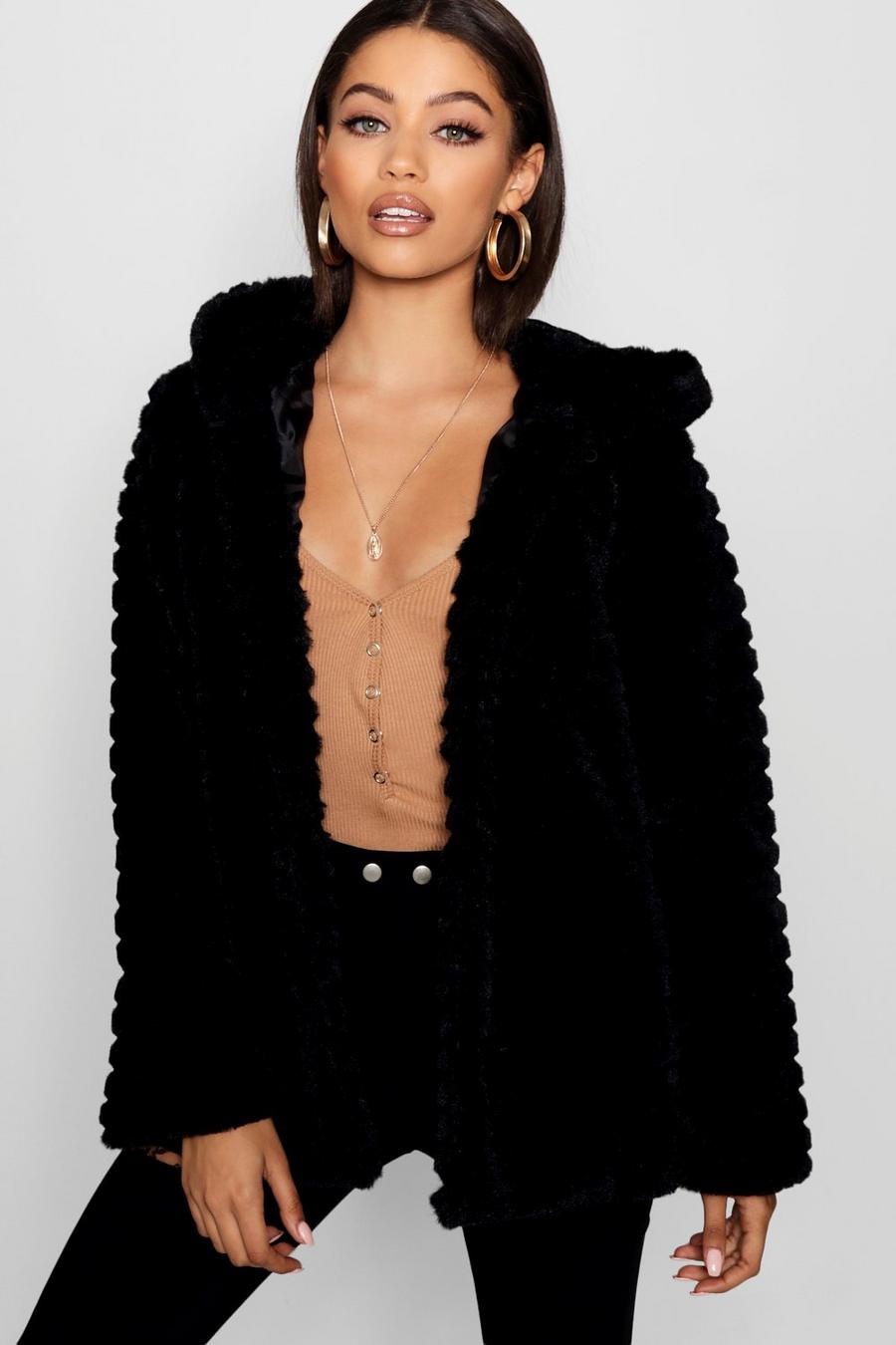 Black Hooded Faux Fur Coat image number 1