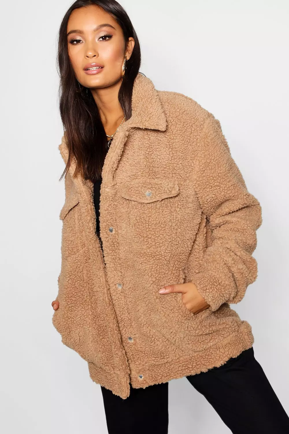 Oversized zip up borg teddy trucker hot sale jacket beige