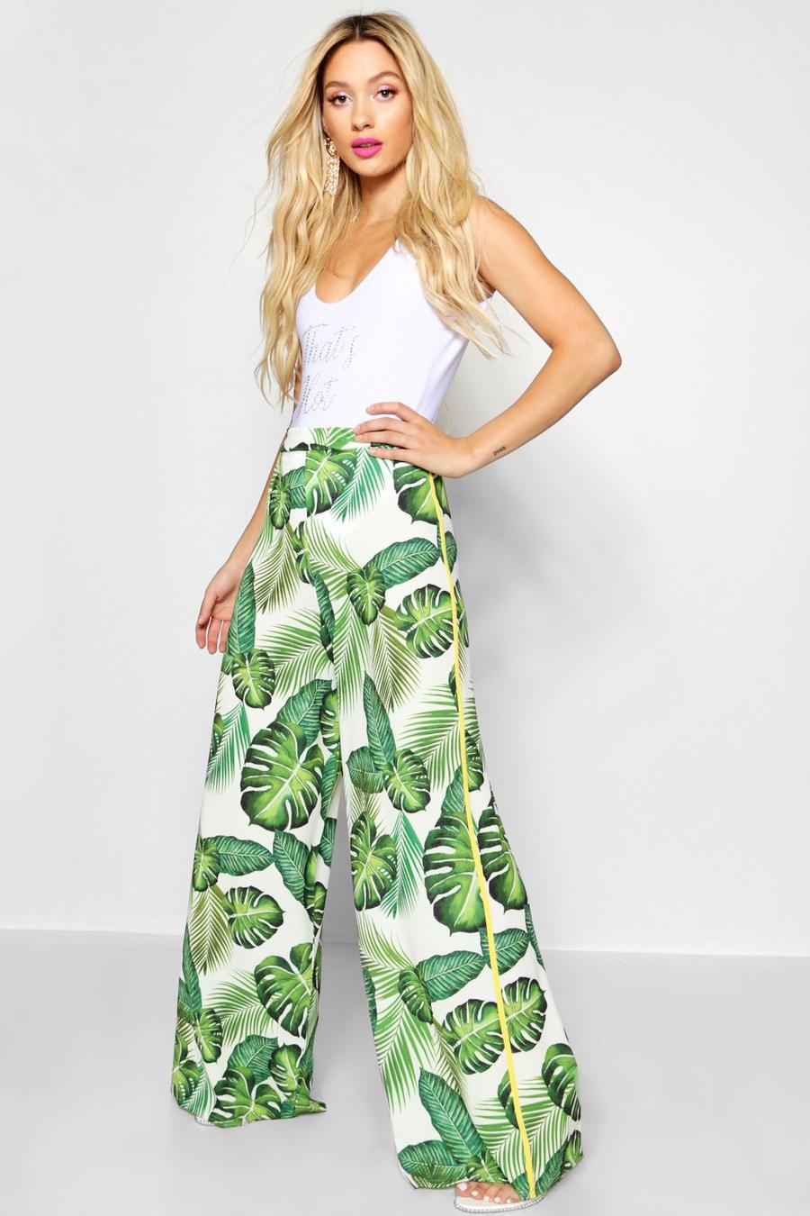 Green Wide Leg Palm Print Trousers image number 1