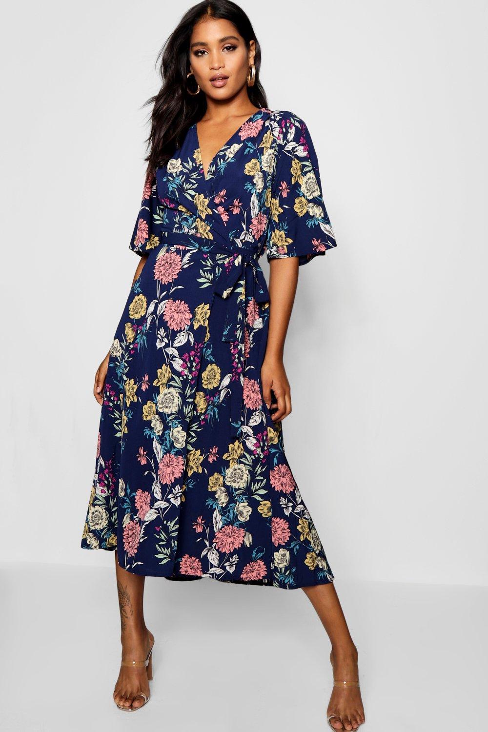 navy floral wrap midi dress