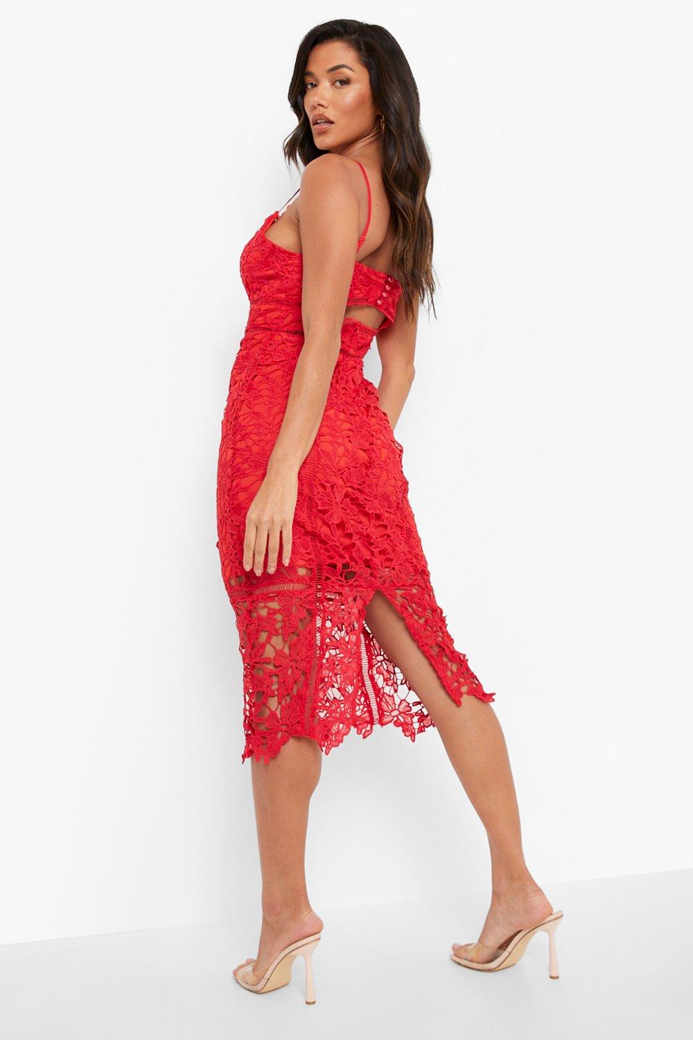 Lace panelled open store back midi dress