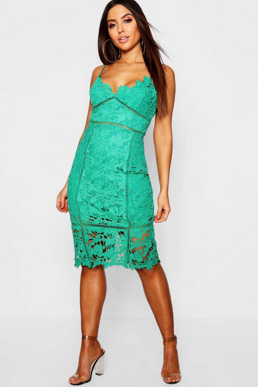 Emerald Lace Paneled Open Back Midi Dress image number 1