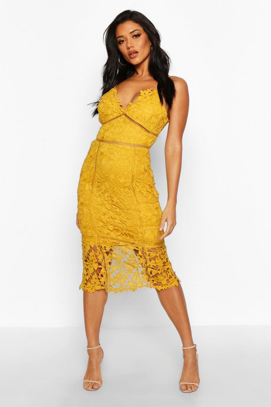 Mustard Lace Panelled Open Back Midi Dress image number 1