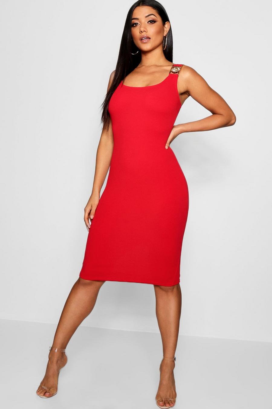 Red Square Neck Lion buckle Midi Dress image number 1