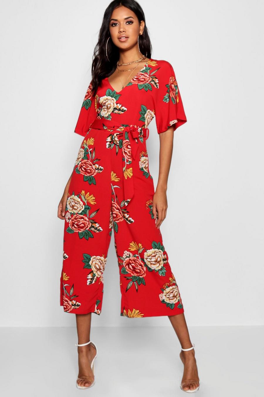 Red Large Floral Capped Sleeve Jumpsuit image number 1