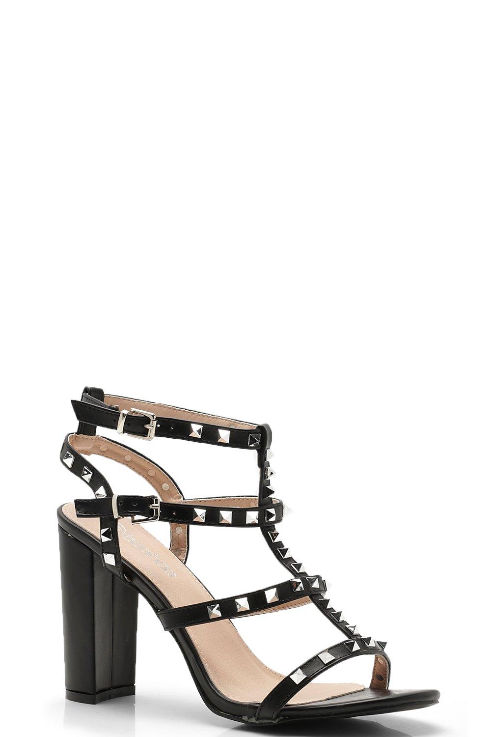 Studded Strappy Block Heels | boohoo