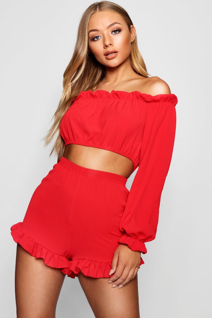 Red Off The Shoulder Ruffle Detail Short Two-Piece Set image number 1
